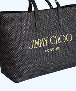 Jimmy Choo Black/Gold Canvas Logo Tote(Raffia/Leather)