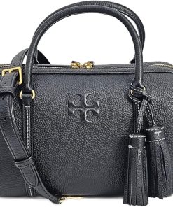 Tory Burch Thea Black Pebbled Leather Mini Satchel Crossbody Purse Bag